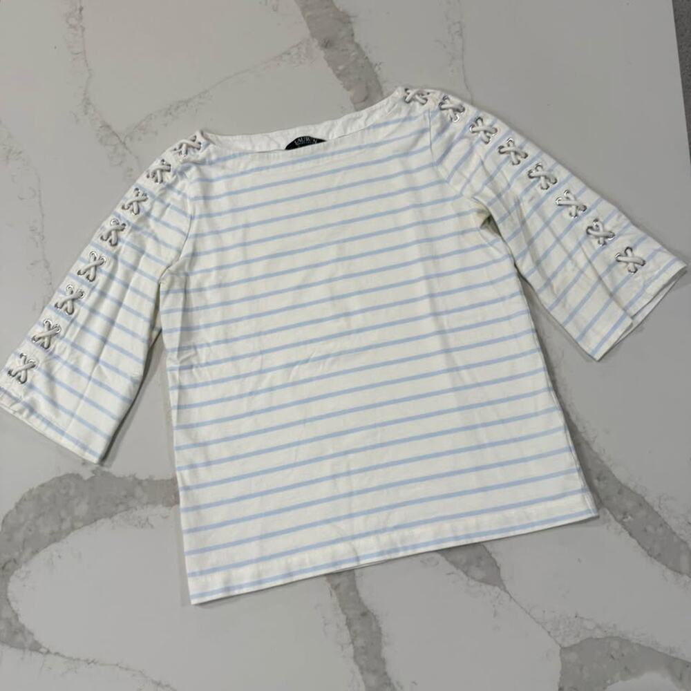 Lauren Ralph Lauren Striped Boatneck Lace Up 3/4 Sleeve Shirt Womens Large White